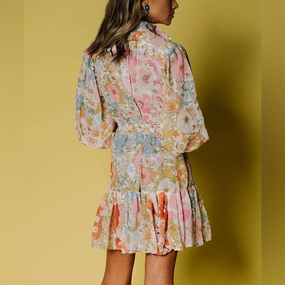Pink Ripple Floral Garden Long Sleeve Shift mini Dress Size Small - Picture 5 of 15